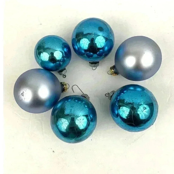 VTG Lot of 6 Blue Mercury Glass Ornaments Christmas Holidays MADE IN USA Shiny - Picture 1 of 12